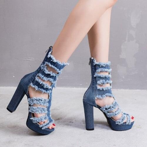 Chaussure Femme High-Heeled Sandals Casual Sandale Talon Fashion Denim Hollow Out Shoes For Women 2021 Summer Heeled Sandal Shoe