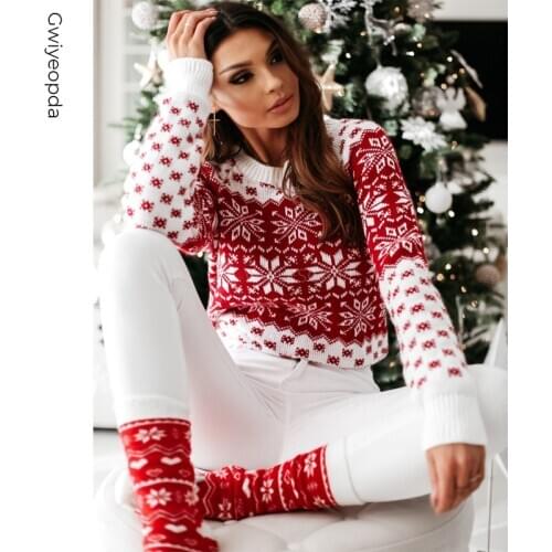 Women Autumn Winter Christmas Sweater Ladies Knitted Jumper Pullover Women Sweater Snowflake Elk Print Sweaters And Pullovers