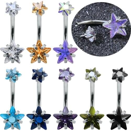 ZS Double Star Crystal Belly Button Ring with Big CZ for Women Stainless Steel Navel Ring for Girls Female Body Piercing Jewelry