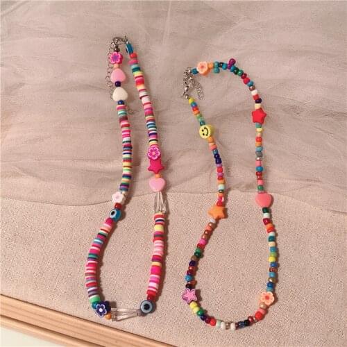 2021 Spring INS Cute Soft Pottery Choker Flower Pearl Star Bohemian Colorful Beads Clay Necklace Women Jewelry Gift Handmade