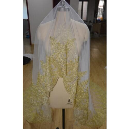 1 layer white tulle Cathedral veil Bridal Veil Gold lace edge veil wedding accessories