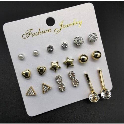 9 Pair/Lot Cute Triangular Figure 8 Rhinestones Hearts and Stars Ear Stud Earrings Set for Women Girls Rhinestone Silver Jewelry