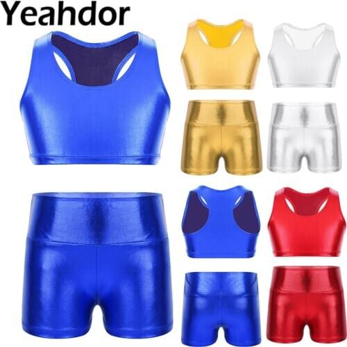 Girls Ballet Outfit Shiny Metallic Racer Back Sleeveless Crop Top + High Waist Dance Shorts for Workout Gymnastic Dance Costume