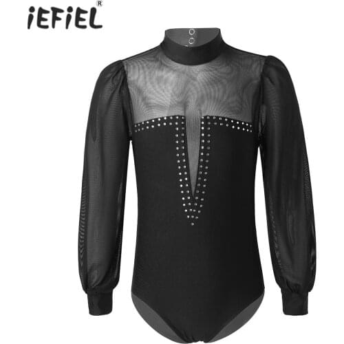 Girls Ballet Leotard Mesh Long Sleeve Glittering Faux Diamond Dance Wear Kids Gymnastics Leotards Figure Skating Dance Jumpsuit
