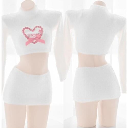 White Seahorse Knitted Sweater Sexy Heart Open Chest Long Sleve Tops Miniskirt 2Pcs Underwear Set Lolita Lovely Young Girl Pure