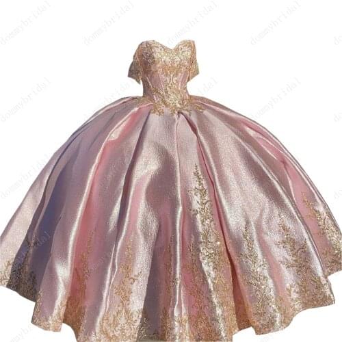 Sparkly Gold Sequined lace Embroidery Mexican Ball Gown Dress For Quinceanera with Short Sleeves 2021 Cheap Corset Satin Long