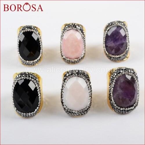 BOROSA 5/6PCS Oval Natural Multi-kind Faceted Stone Rings for Women Rhinestone Pave Black A-gate Crystal Druzy Ring JAB937