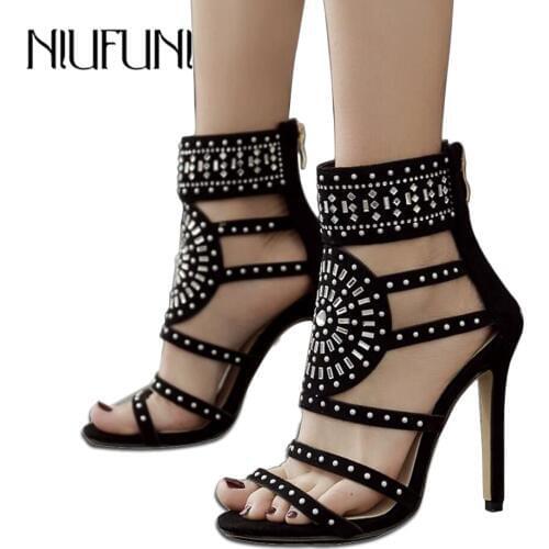 Plus Size 35-43 Rhinestone Gladiator Sandals Open Toe High Heel Sandals Crystal Ankle Wrap Short Boot Women Shoes Black