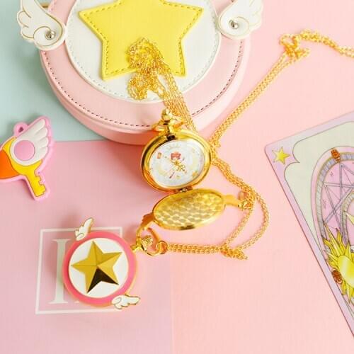Anime Card Captor Sakura Action Figure Printed Metal Lovely Star Wings Children Fashion Mini Flip Pocket Watches Chain Pendant