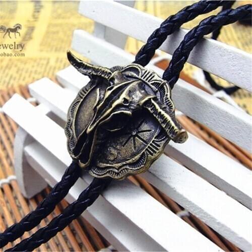 Bolo Tie Retro Bull head shirt chain Bison cow poirot led rope leather necklace Long tie hang