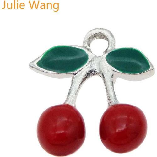 Julie Wang 10PCS Enamel Red Cherry Fruit Silve Tone Charms Pendants Jewelry Making Necklace Earring Accessory