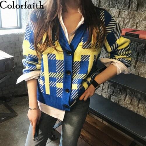 Colorfaith New 2020 Autumn Winter Womens Sweaters Plaid Checkered Buttons Cardigans Fashionable Korean Ladies Knitwears SWC8814