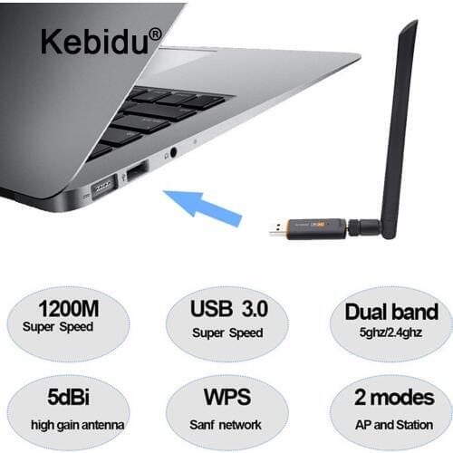 Kebidu New 1200Mbps Wireless WiFi USB Adapter Dual Band 2.4/5Ghz with Aerial 802.11AC Network Card High Speed USB3.0 Receiver