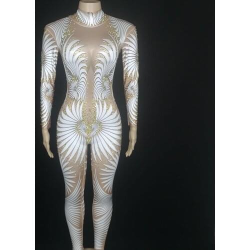 White Crystals Jumpsuit Female Singer Dancer Dj Costumes Sparkling Leotard Rompers Bar Nightclub Pole Dancing Performance