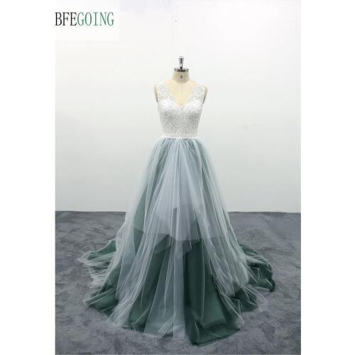 Ivory Appliques Lace Sleeveless V-Neck A-line Wedding Dress Court Train Real/Original Photos Custom made