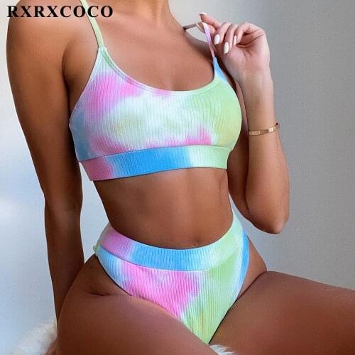 RXRXCOCO Tie Dye Swimwear Women Ribbed Bathing Suit Female Push Up Bikini Set Biquini Beachwear High Waist Bikini Women Swimsuit