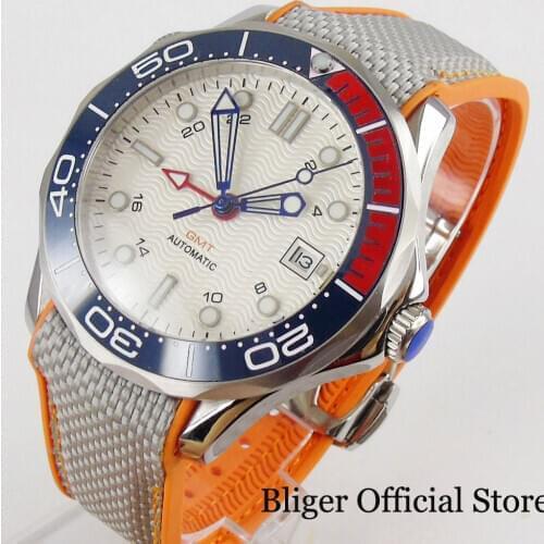 Fashional Mechanical Men Watch BLIGER Brand Sapphire Glass GMT Hand Date Function Rubber Strap