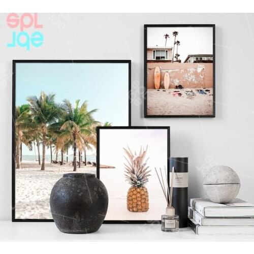 Wall Art Canvas Painting Beach Ocean Surfboard Coconut Tree Sand Nordic Posters and Prints Wall Pictures for Living Room Decor