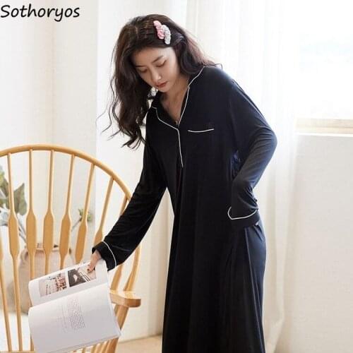 Nightgowns Women Solid Turn Down Collar Mid-calf Casual Plus Size M-3XL Cozy Single Breasted Sleepwear Female Side-slit Pockets