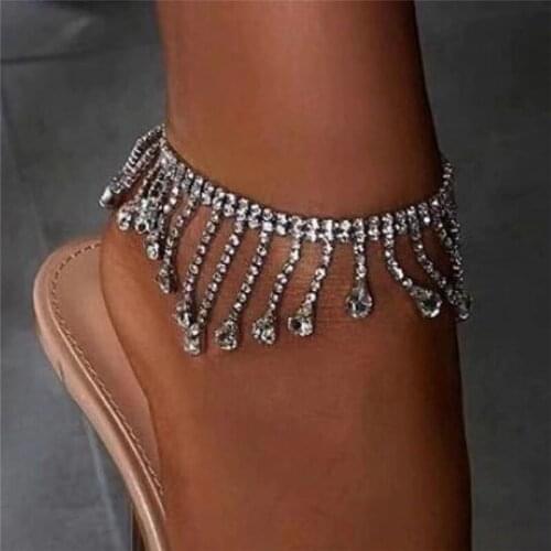Latest luxury shining Rhinestone tassel pendant Anklet womens charm sandal Anklet Crystal Foot jewelry barefoot wholesale