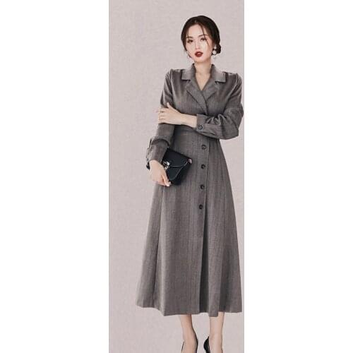 New Autumn Winter Vintage Single Breasted Women Elegant Office Ladies Notched Collar Blazer Full Sleeve Female Party Dresses