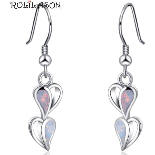ROLILASON Wedding jewelry Heart Shape For Women white fire opal Drop Earrings 925 silver fashion Jewelry OE764