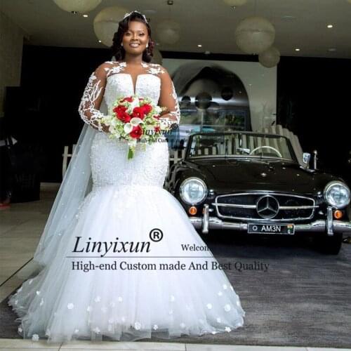 Luxurious 3D Floral Mermaid Wedding Dresses Jewel Neck Long Sleeve Appliques Pearls Bridal Gown Tulle Robe de mariee Custom