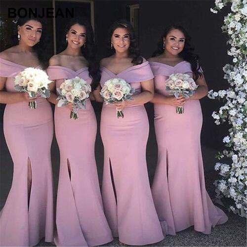 Ready Ship Mermaid Bridesmaids Dresses Long Satin Of the Shoudler Bridesmaid Dress Sleeveless Split Side for Wedding Party