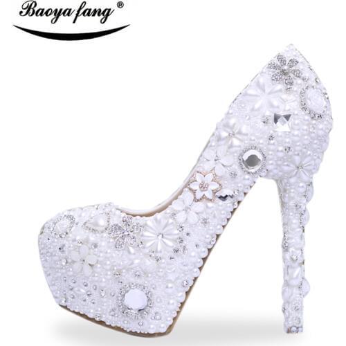 White pearl female Wedding shoes Women High heel platform shoes Ladies Party shoes woman thin heel round toe High Pumps