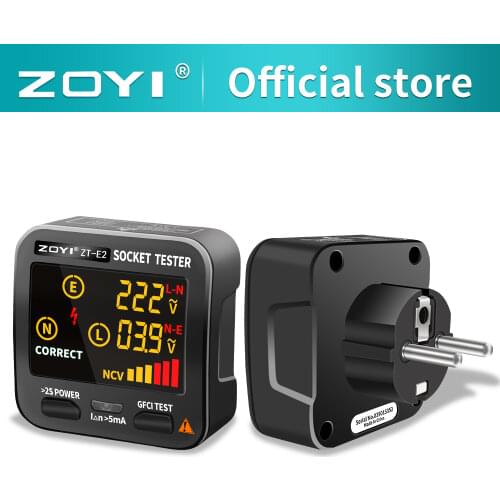 ZOYI Digital Socket Tester EU/US/UK Plug LCD Phase sequence/Non-contact voltage Detector Smart Outlet checker Home circuit check