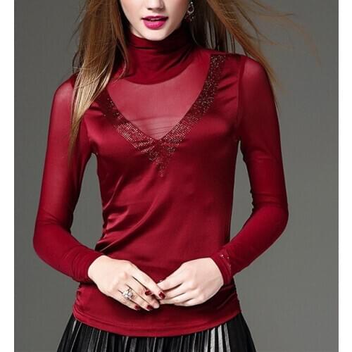 Winter Fall Fashion Women Turtleneck Wine Red Blue Black Diamonds Stretch Tee Tops Shirt , Women 3xl Mesh Fleece Warm Shirts