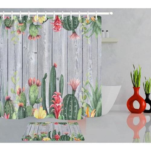 Wooden Board Cactus Shower Curtain Cacti Tropical Succulent Shower Curtain Blossom Plant Flowers Bathroom Curtains With 12 Hooks