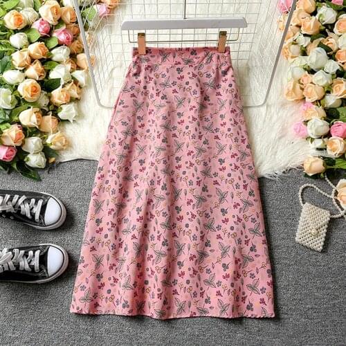 Pink Floral Print Women Summer Midi Skirt Korean Fashion Sweet High Waist A-Line Ladies Casual Beach Skirts Faldas Saias SP1345