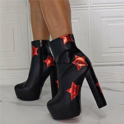 Platform Ankle Boots For Women red star Black High Heels Shoes Woman Chunky Heels Botines Mujer