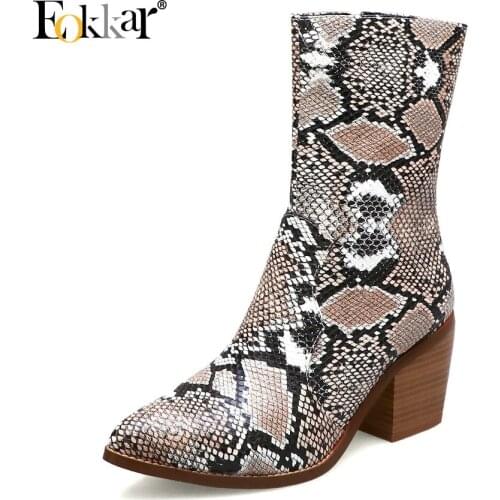 Eokkar 2020 Women Mid Calf Boots Snake Print Pointed Toe Square High Heel Zipper All Match Winter Boots Ladies Boot Size 34-43