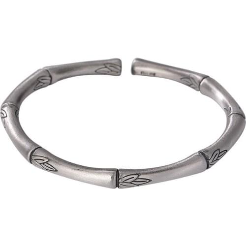 BAIFUMING 999 pure silver old matte bracelet retro Chinese style Bamboo leaf womens sterling silver bracelet