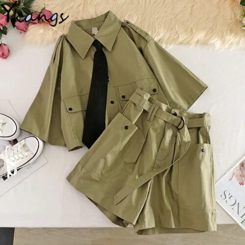 2021 Lapel Womens Sweatshirt Shorts with High Waist Two-piece Suit Summer Fashion Ladies Office Suit Wide Leg Shorts Set Women