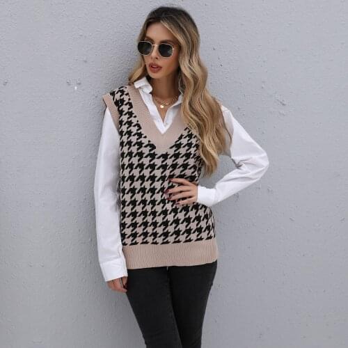 Women Oversized Houndstooth Knitted Vest Sweater V Neck Thick Vintage Pullover Loose Knitwear Tank Tops Female Waistcoat Sweater