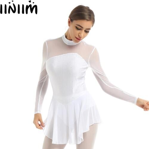 Iiniim Women Adults Shiny Rhinestones Sheer Mesh Keyhole Back Opening Figure Ice Skating Dress Tutu Ballet Dance Leotard Dress