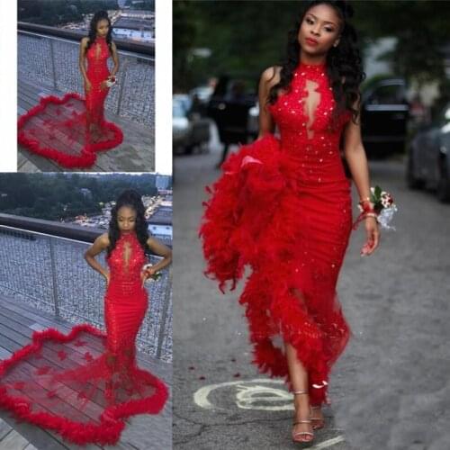 Long feather Prom Dresses 2021 new custom made beading Mermaid red for Black Girls Celebrity Sexy African Formal Evening Gowns