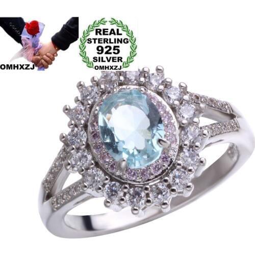 OMHXZJ Wholesale European Fashion Woman Girl Party Wedding Gift White Pink AAA Zircon Green Topaz 925 Sterling Silver Ring RR43