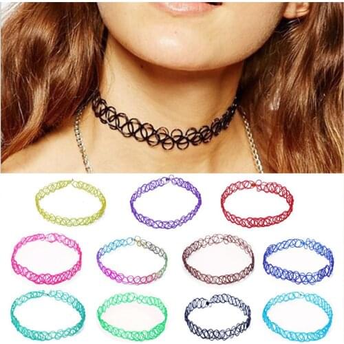 12Pcs/Set Mixed Color Tattoo Rainbow Chokers Vintage Gothic Punk Elastic Necklace Women Jewelry Party Wear Decoration for Girls