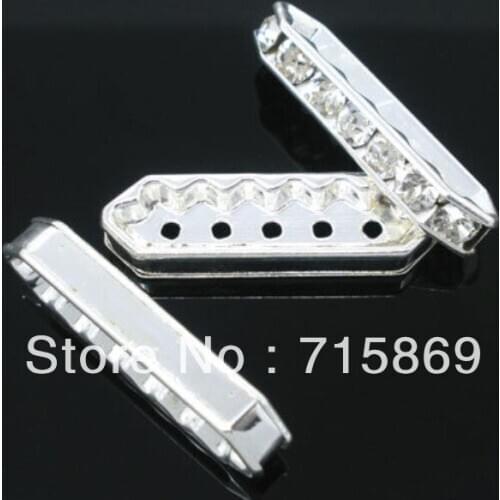 Free Shipping 100pcs/lot Crystal Rhinestone Spacer Bar - Silver Plated Rhinestone Spacer Bead - 5 hole