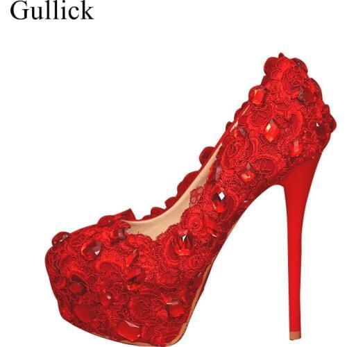 Gullick Brand Women Red Lace High Heel Shoes Crystal High Platform Heels Wedding Dress Shoes Round Toe 14CM Party Shoes