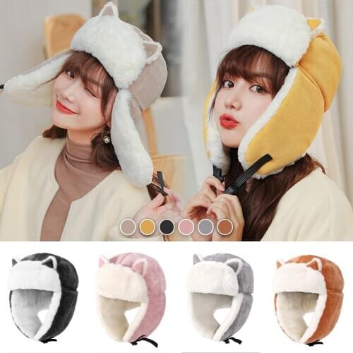 Women Ear Protection Cap Trapper Bomber Warm Trooper Ear Flaps Winter Ski Hat Solid Fluffy Faux Fur Cap Bonnet Hats