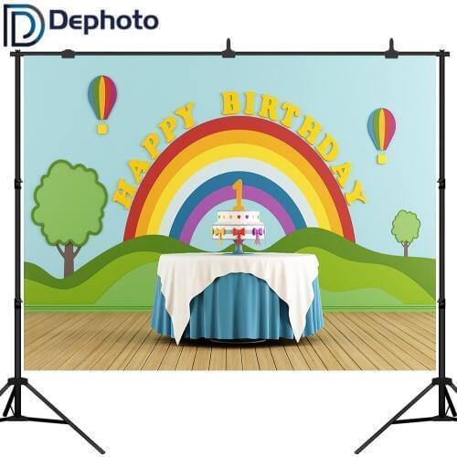 Dephoto Happy 1st Birthday Photography Backdrops Cartoon Rainbow Tree Photo Background Children Party Backdrop Photocall