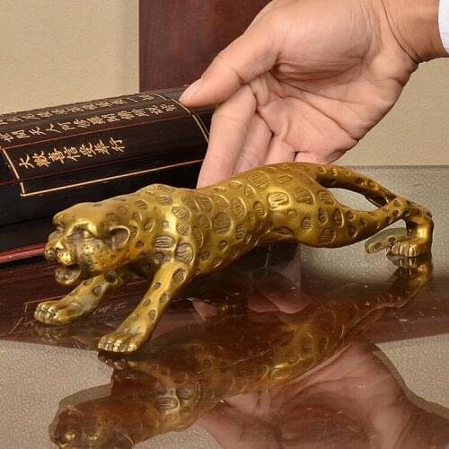 Chinese Folk Bronze Copper Lucky Money Leopard Cheetah Art Statue