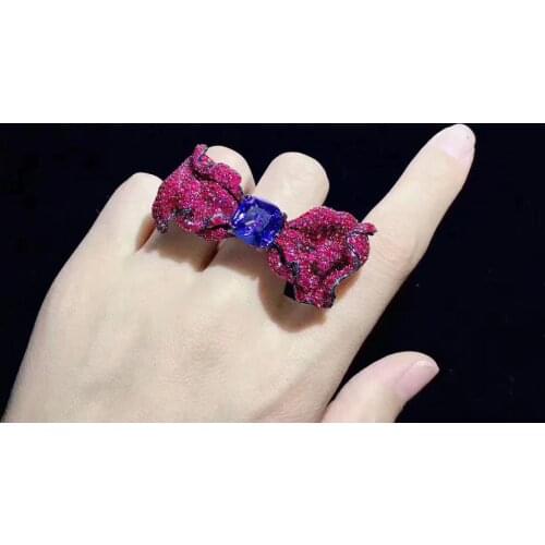 925 sterling silver with cubic zircon bowknot ring cocktail ring adjustable size rose red color fine women jewelry for party