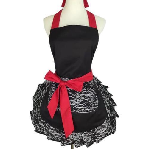 Lovely Black Lace Work Apron Adjustable Women Ladies Aprons with Pocket for Home Shop Kitchen Cooking, Black, Red, Light Brown