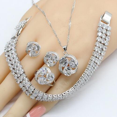 Round White Cubic Zirconia Silver Color Bridal Jewelry Sets For Women Bracelet Stud Earrings Necklace Pendant Rings Gift Box